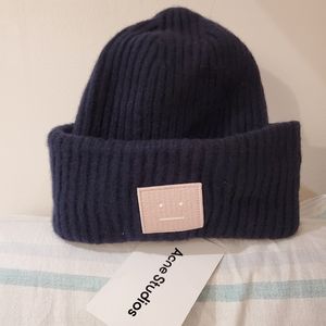 Rib knit beanie pansy hat navy blue oversized hat